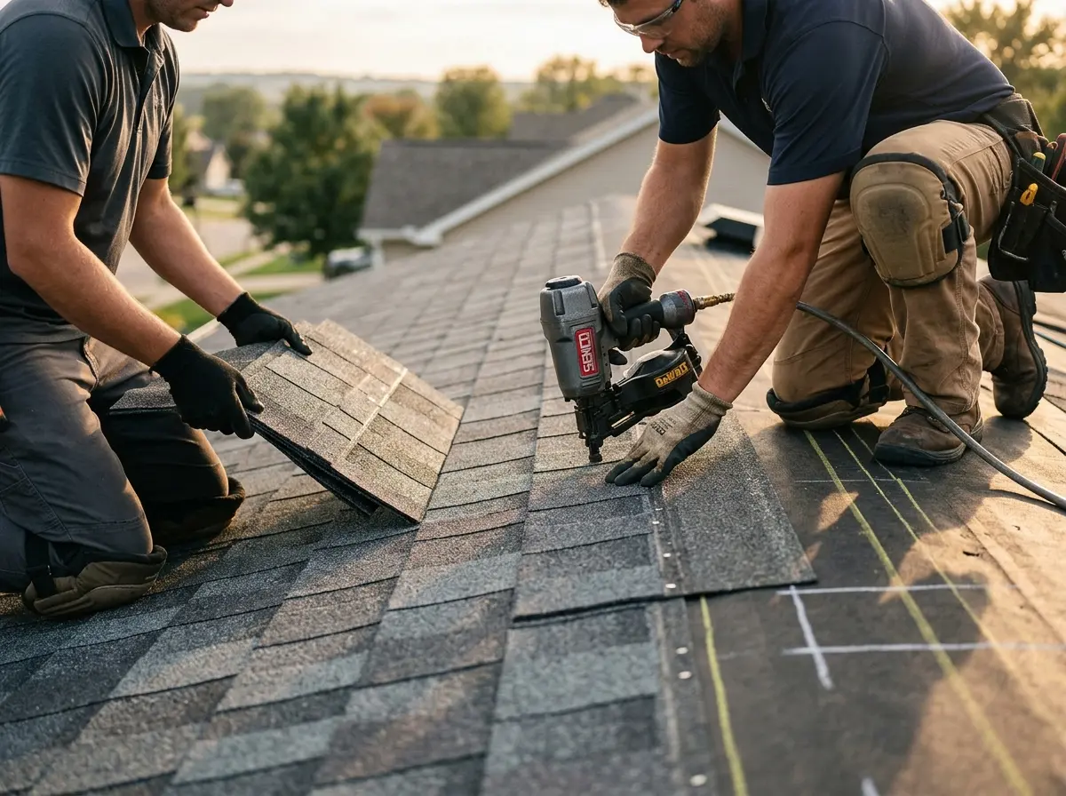 Professional roofer working on a residential roof in Stratham